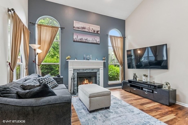 1063 Ridgefield Cir, Carol Stream, IL 60188 - living area featuring wood finished floors, a high end fireplace, and a towering ceiling