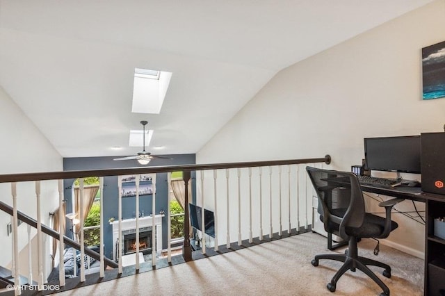 1063 Ridgefield Cir, Carol Stream, IL 60188 - carpeted office featuring lofted ceiling, a skylight, ceiling fan, and a fireplace