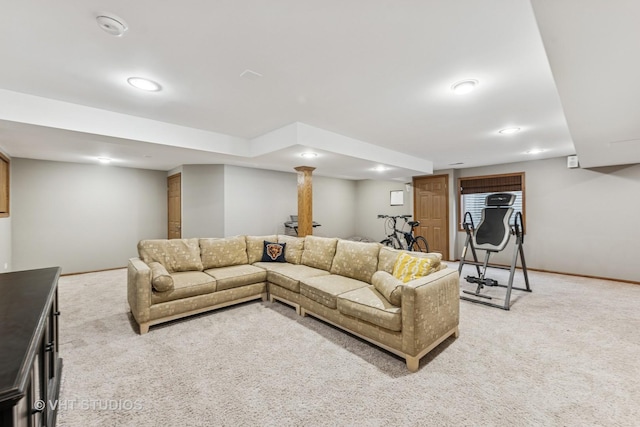 825 Colchester Dr, Oswego, IL 60543 - living room with light colored carpet, baseboards, and recessed lighting