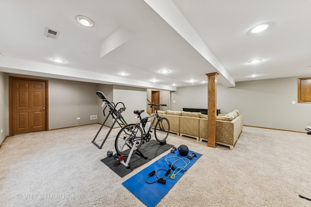 825 Colchester Dr, Oswego, IL 60543 - workout room with carpet floors, baseboards, and recessed lighting