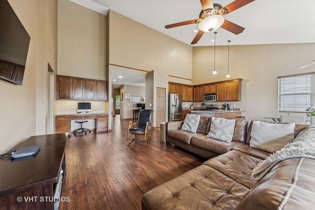 825 Colchester Dr, Oswego, IL 60543 - living room featuring ceiling fan, high vaulted ceiling, wood finished floors, and recessed lighting