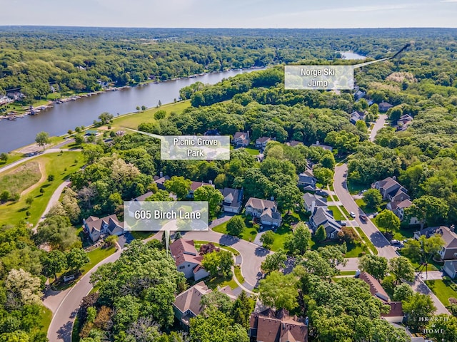 605 Birch Ln, Fox River Grove, IL 60021 - aerial view of residential area with a nearby body of water and a heavily wooded area