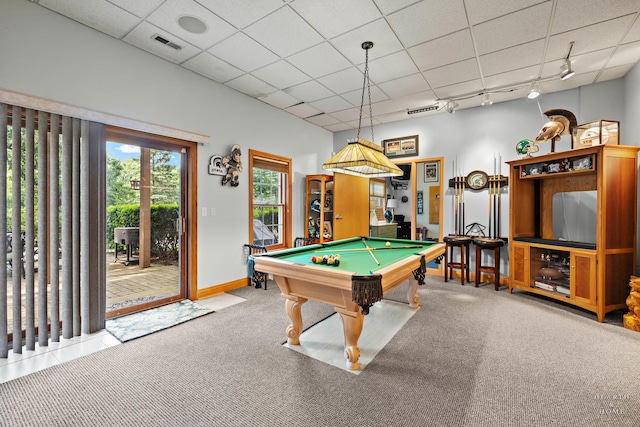 605 Birch Ln, Fox River Grove, IL 60021 - rec room with carpet floors, billiards table, track lighting, a drop ceiling, and baseboards