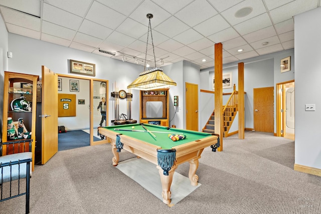 605 Birch Ln, Fox River Grove, IL 60021 - rec room featuring carpet, a paneled ceiling, billiards table, and baseboards