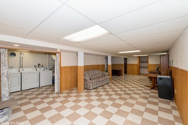 3801 S Lombard Ave, Cicero, IL 60804 - finished basement featuring wainscoting, independent washer and dryer, wooden walls, a drop ceiling, and light flooring