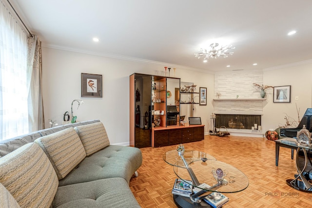 1922 Wilmette Ave Unit B, Wilmette, IL 60091 - living area with recessed lighting, a stone fireplace, crown molding, and baseboards