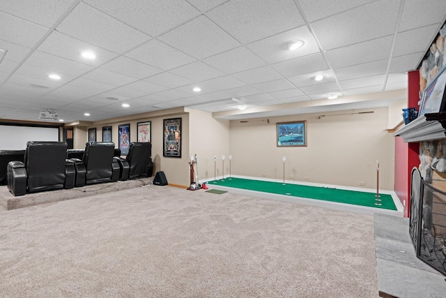 2905 Rose Ave, Mchenry, IL 60050 - playroom with baseboards, carpet, a fireplace, recessed lighting, and a paneled ceiling