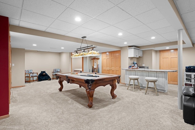 2905 Rose Ave, Mchenry, IL 60050 - playroom with light carpet, billiards, bar, recessed lighting, and baseboards