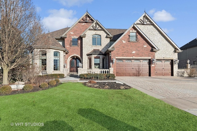 22957 Devonshire Ln, Frankfort, IL 60423 - french country inspired facade featuring decorative driveway, a front yard, brick siding, and stone siding