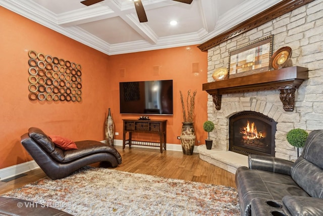 22957 Devonshire Ln, Frankfort, IL 60423 - living room with a ceiling fan, wood finished floors, baseboards, a fireplace, and beam ceiling