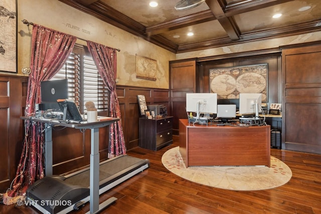22957 Devonshire Ln, Frankfort, IL 60423 - office area featuring ornamental molding, coffered ceiling, a decorative wall, beamed ceiling, and dark wood-style flooring