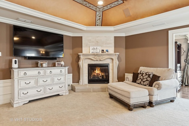 22957 Devonshire Ln, Frankfort, IL 60423 - sitting room featuring ornamental molding, a premium fireplace, and carpet floors