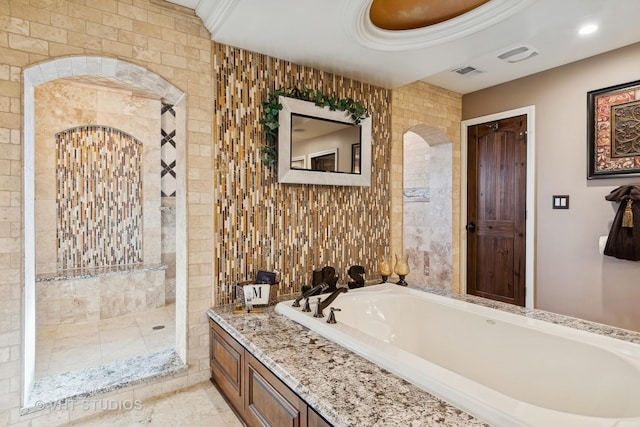 22957 Devonshire Ln, Frankfort, IL 60423 - bathroom with a bath, a shower stall, and tile walls