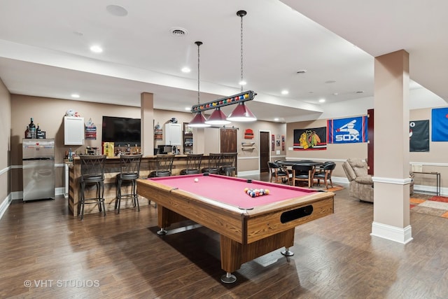 22957 Devonshire Ln, Frankfort, IL 60423 - playroom featuring bar, dark wood-type flooring, recessed lighting, baseboards, and pool table