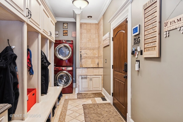 22957 Devonshire Ln, Frankfort, IL 60423 - washroom featuring stacked washer and clothes dryer, ornamental molding, and light tile patterned floors