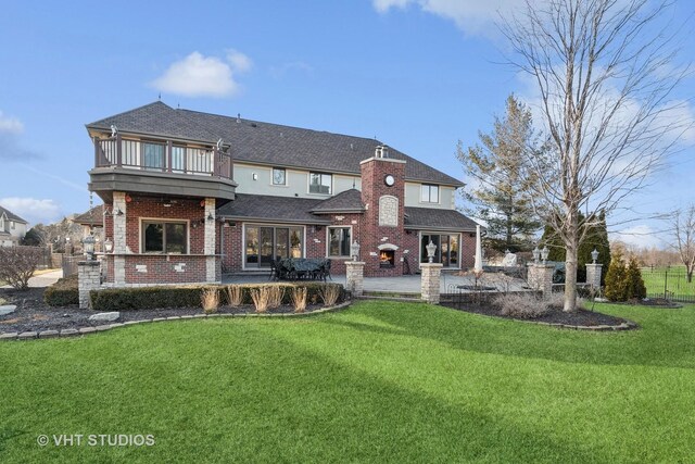 22957 Devonshire Ln, Frankfort, IL 60423 - back of house featuring a balcony, roof with shingles, a patio, and brick siding