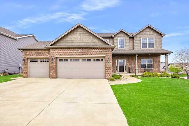 2708 Red Rock Rd, Normal, IL 61761 - craftsman-style house with a garage, driveway, brick siding, a front yard, and roof with shingles