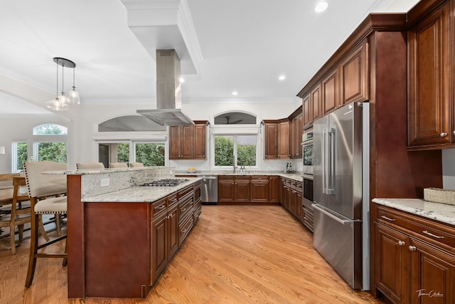 4103 Douglas Rd, Downers Grove, IL 60515 - kitchen with stainless steel appliances, island range hood, a kitchen bar, light wood-style flooring, and crown molding