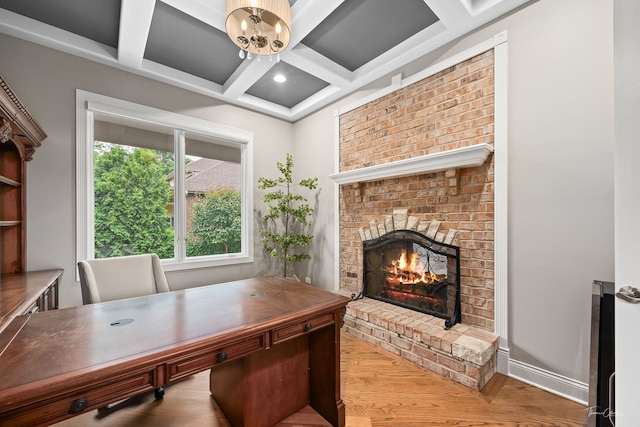 4103 Douglas Rd, Downers Grove, IL 60515 - home office featuring coffered ceiling, a fireplace, wood finished floors, and beamed ceiling