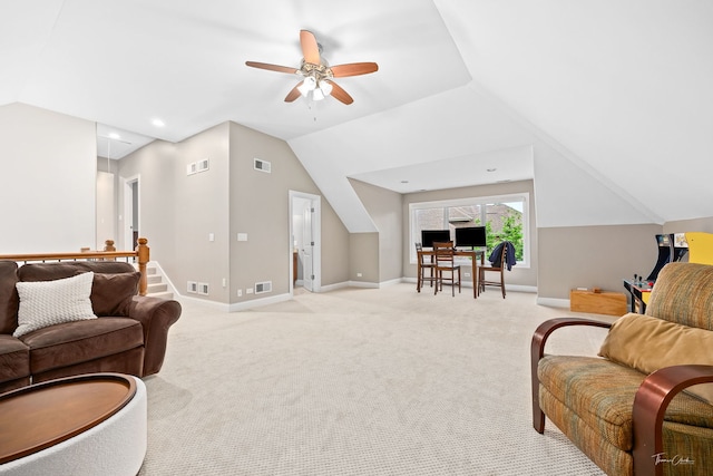 4103 Douglas Rd, Downers Grove, IL 60515 - living area featuring a desk, lofted ceiling, a ceiling fan, and light colored carpet