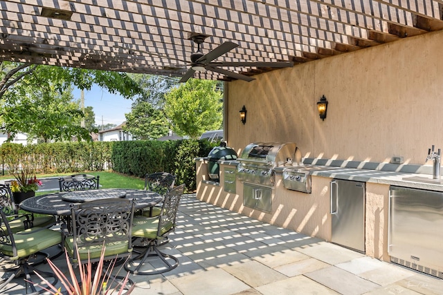 4103 Douglas Rd, Downers Grove, IL 60515 - view of patio / terrace with outdoor dining space, area for grilling, a ceiling fan, and a pergola
