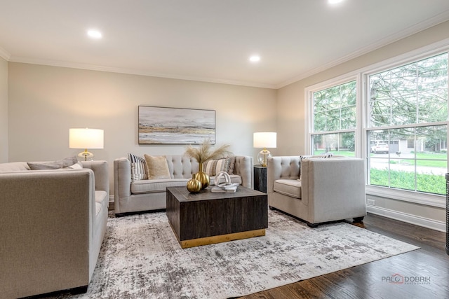 8 Pheasant Row, Lincolnshire, IL 60069 - living room with crown molding, recessed lighting, wood finished floors, and baseboards