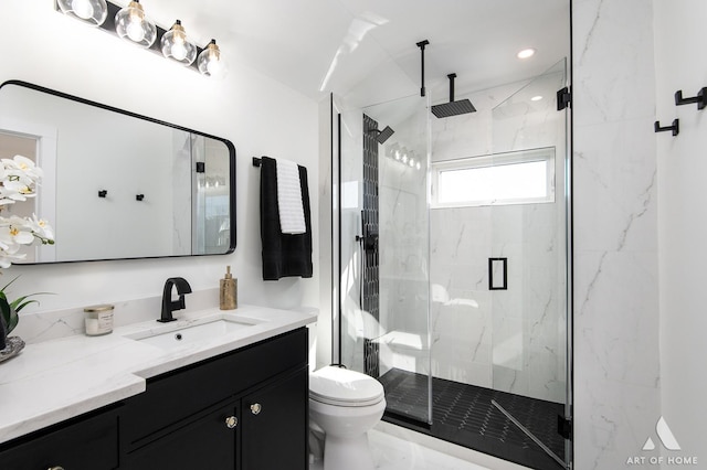 9859 S 81st Ave, Palos Hills, IL 60465 - full bathroom with toilet, vanity, a marble finish shower, and marble finish flooring