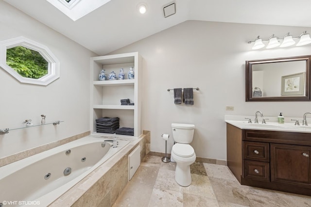 2139 Riverlea Cir, Naperville, IL 60565 - bathroom with a skylight, lofted ceiling, a jetted tub, double vanity, and toilet