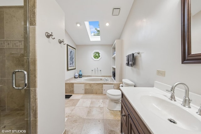 2139 Riverlea Cir, Naperville, IL 60565 - bathroom with a skylight, a bath, vanity, toilet, and a stall shower