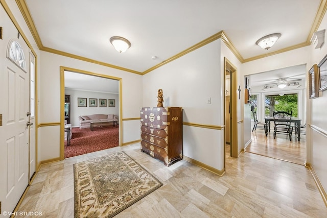 2139 Riverlea Cir, Naperville, IL 60565 - foyer entrance with baseboards, ornamental molding, and ceiling fan
