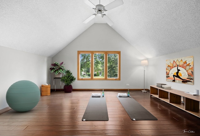 2734 Alyssa Dr, Naperville, IL 60565 - exercise room with a textured ceiling, ceiling fan, hardwood / wood-style flooring, and vaulted ceiling