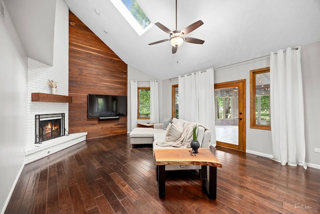 2734 Alyssa Dr, Naperville, IL 60565 - living area featuring high vaulted ceiling, plenty of natural light, ceiling fan, a brick fireplace, and wood-type flooring