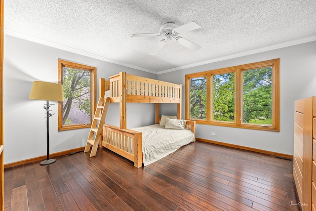 2734 Alyssa Dr, Naperville, IL 60565 - bedroom with multiple windows, a textured ceiling, ornamental molding, ceiling fan, and wood finished floors