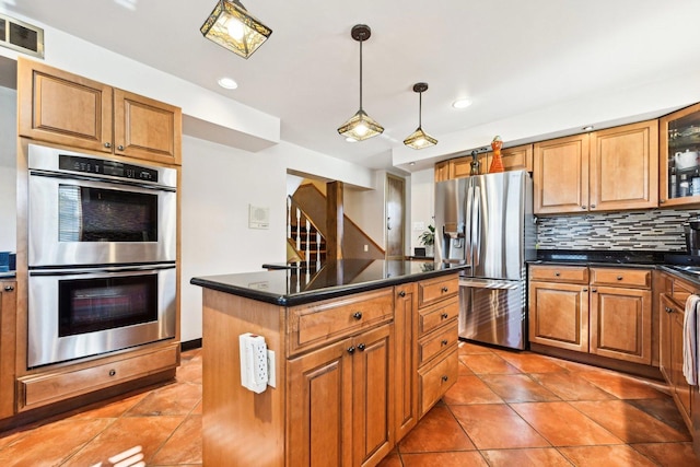 8252 N Caldwell Ave, Niles, IL 60714 - kitchen with appliances with stainless steel finishes, dark countertops, backsplash, light tile patterned floors, and recessed lighting