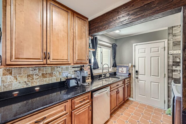 1360 Gentry Rd, Hoffman Estates, IL 60169 - kitchen with stainless steel dishwasher, a sink, ornamental molding, backsplash, and dark stone countertops