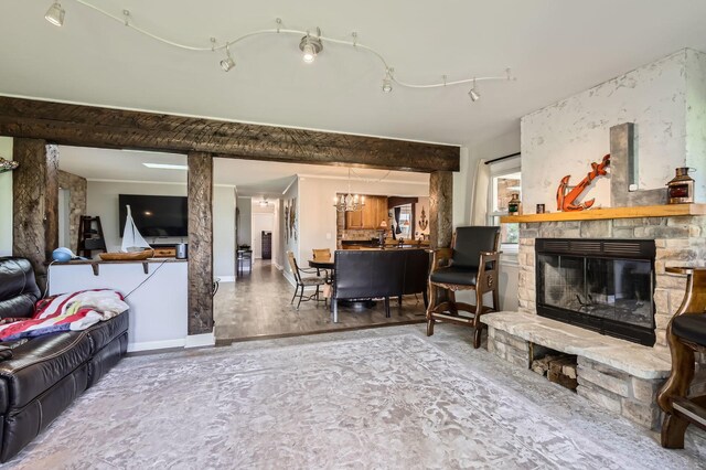 1360 Gentry Rd, Hoffman Estates, IL 60169 - living room featuring a stone fireplace, baseboards, and wood finished floors