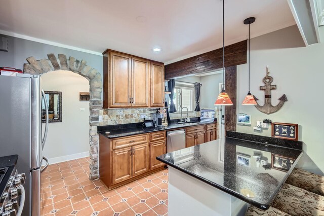 1360 Gentry Rd, Hoffman Estates, IL 60169 - kitchen featuring stainless steel appliances, brown cabinets, decorative backsplash, a sink, and recessed lighting