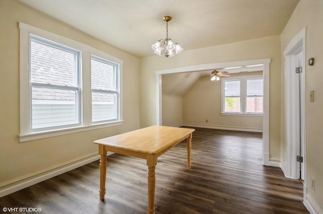 2109 N Long Ave, Chicago, IL 60639 - dining area featuring a chandelier, baseboards, dark wood-style flooring, lofted ceiling, and ceiling fan