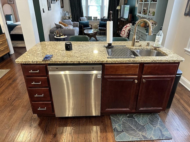 6418 18th St Unit 7, Berwyn, IL 60402 - kitchen with dishwasher, dark wood-style floors, open floor plan, a sink, and light stone countertops