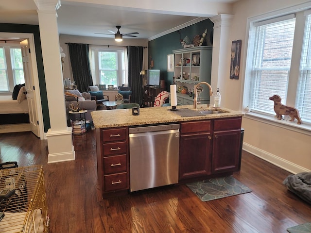 6418 18th St Unit 7, Berwyn, IL 60402 - kitchen featuring dishwasher, decorative columns, a sink, light countertops, and open floor plan
