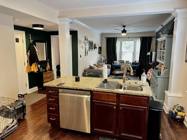6418 18th St Unit 7, Berwyn, IL 60402 - kitchen with decorative columns, a sink, stainless steel dishwasher, ceiling fan, and dark wood-type flooring