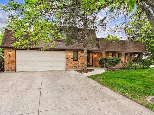 3843 Lizette Ln, Glenview, IL 60026 - view of front of house featuring concrete driveway, brick siding, a front yard, roof with shingles, and a garage