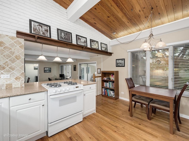 3843 Lizette Ln, Glenview, IL 60026 - kitchen featuring white range with gas stovetop, white cabinetry, wooden ceiling with exposed beams, light wood-style flooring, and decorative light fixtures