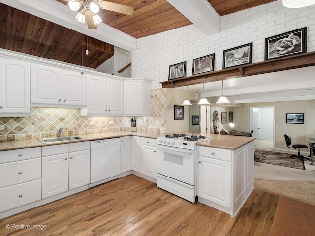3843 Lizette Ln, Glenview, IL 60026 - kitchen with white appliances, a sink, a peninsula, open floor plan, and wooden ceiling with exposed beams
