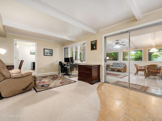 3843 Lizette Ln, Glenview, IL 60026 - living room with a desk, beam ceiling, and ceiling fan
