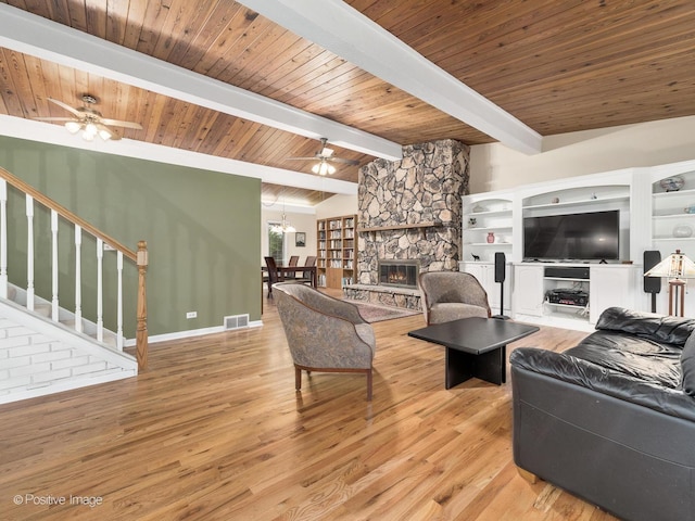 3843 Lizette Ln, Glenview, IL 60026 - living room featuring a ceiling fan, wood finished floors, stairway, a stone fireplace, and wood ceiling