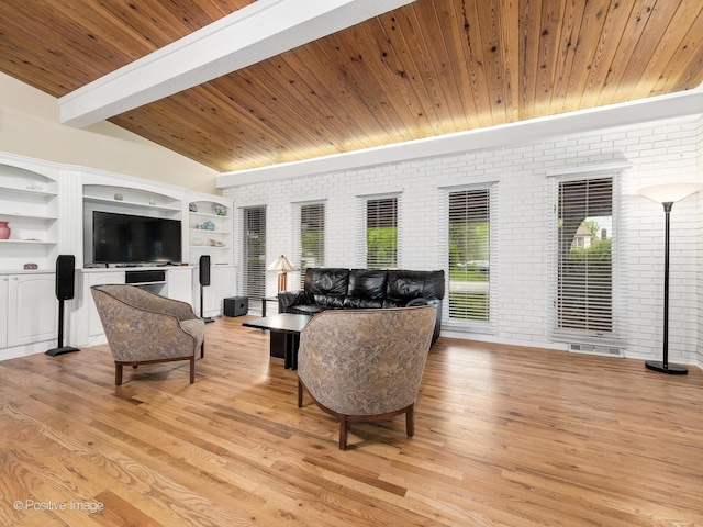 3843 Lizette Ln, Glenview, IL 60026 - living area with wooden ceiling, brick wall, light wood-style flooring, and built in features
