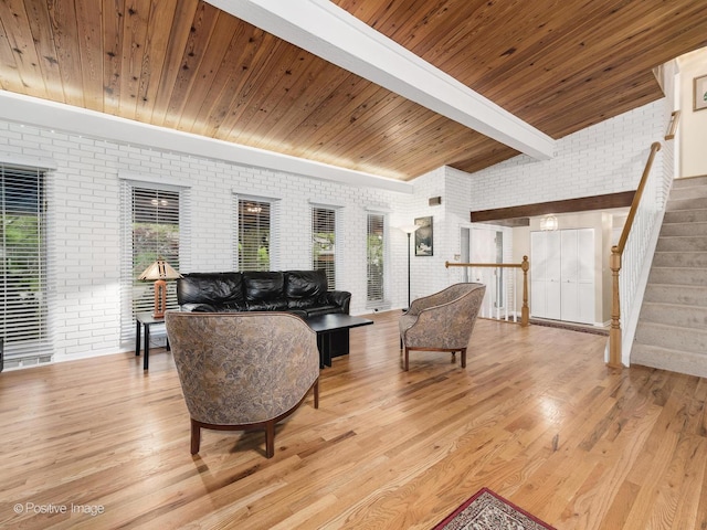 3843 Lizette Ln, Glenview, IL 60026 - living room with brick wall, wooden ceiling, light wood finished floors, and stairs