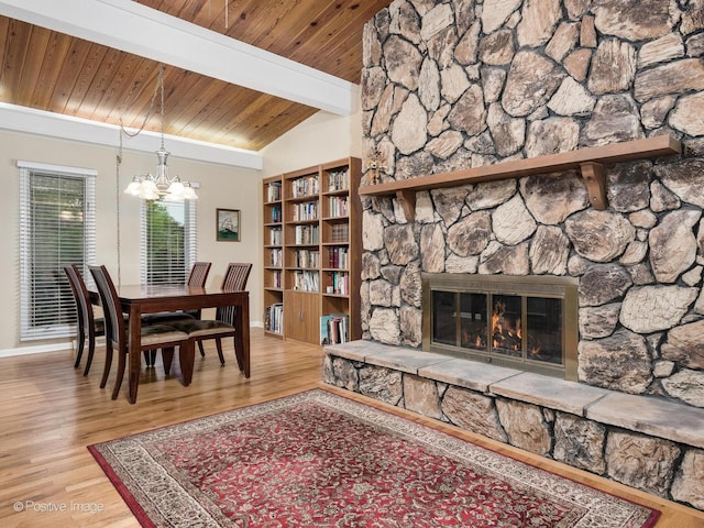 3843 Lizette Ln, Glenview, IL 60026 - dining room featuring wood ceiling, wood finished floors, a chandelier, a stone fireplace, and baseboards