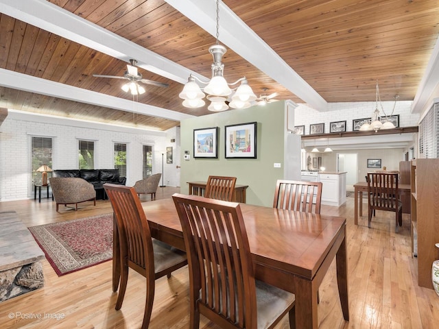 3843 Lizette Ln, Glenview, IL 60026 - dining room featuring a chandelier, brick wall, light wood-style flooring, wood ceiling with exposed beams, and ceiling fan